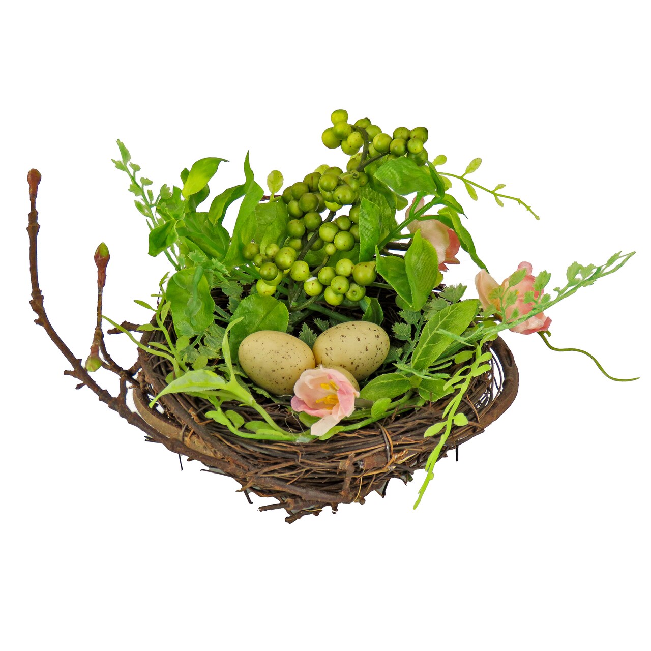 National Tree Company Artificial Bird's Nest Table Decoration, Woven Branch Base, Decorated with Berry Clusters, Leafy Greens, Pastel Eggs, Spring Collection, 6 Inches